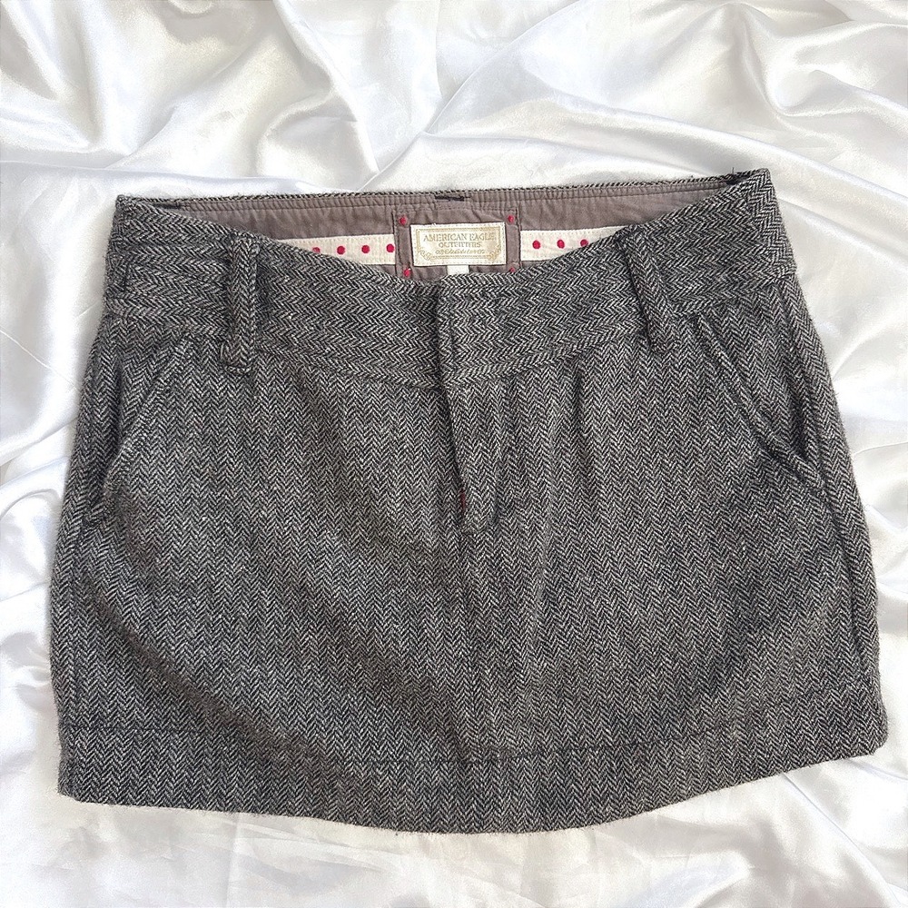 American Eagle Grey Herringbone Wool Blend Mini Skirt Preppy Academia Size 0